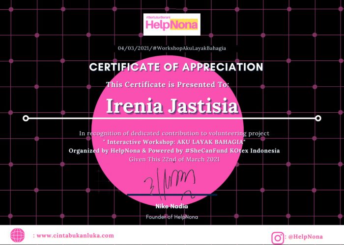 Selamat kepada Irenia sebagai Volunteer HelpNona
