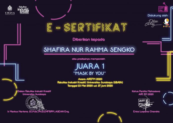 Selamat untuk Shafira Nur Rahma sebagai Juara 1 Lomba Design Masker di Acara Art FM 2020